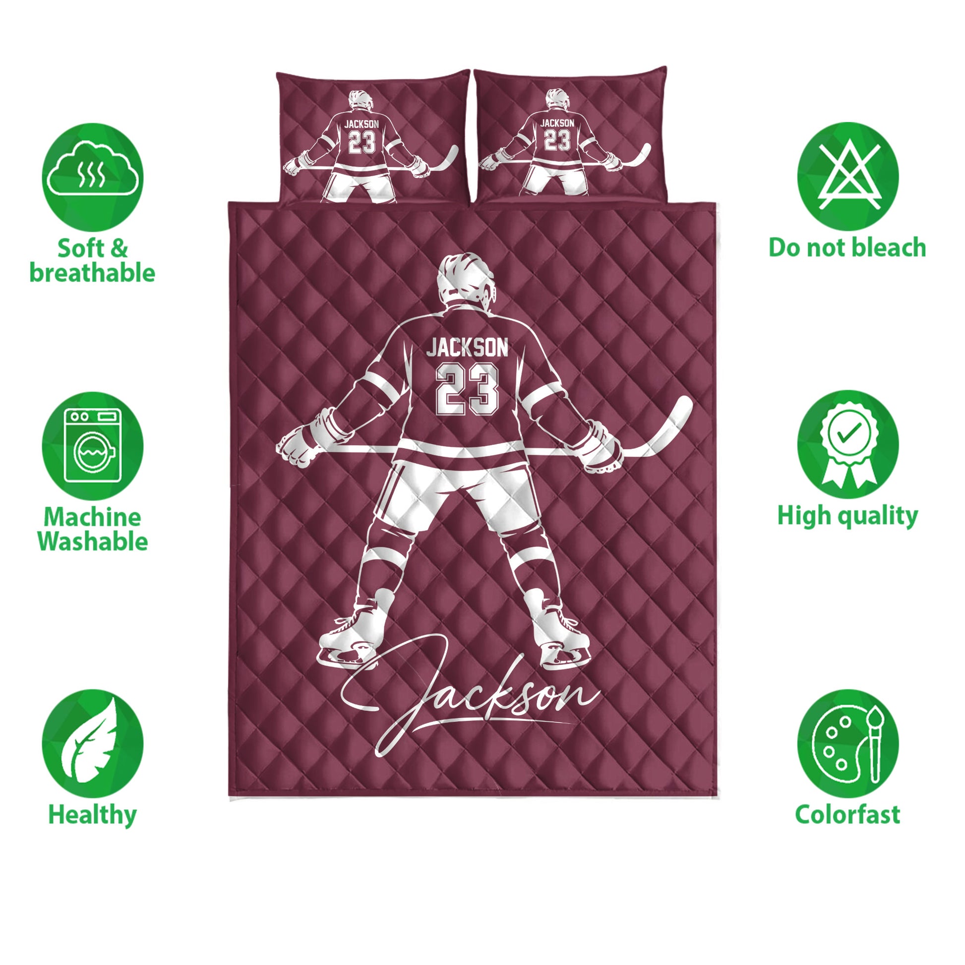 Burgundy hockey quilt bedding set displayed with skater artwork and soft breathable care feature icons