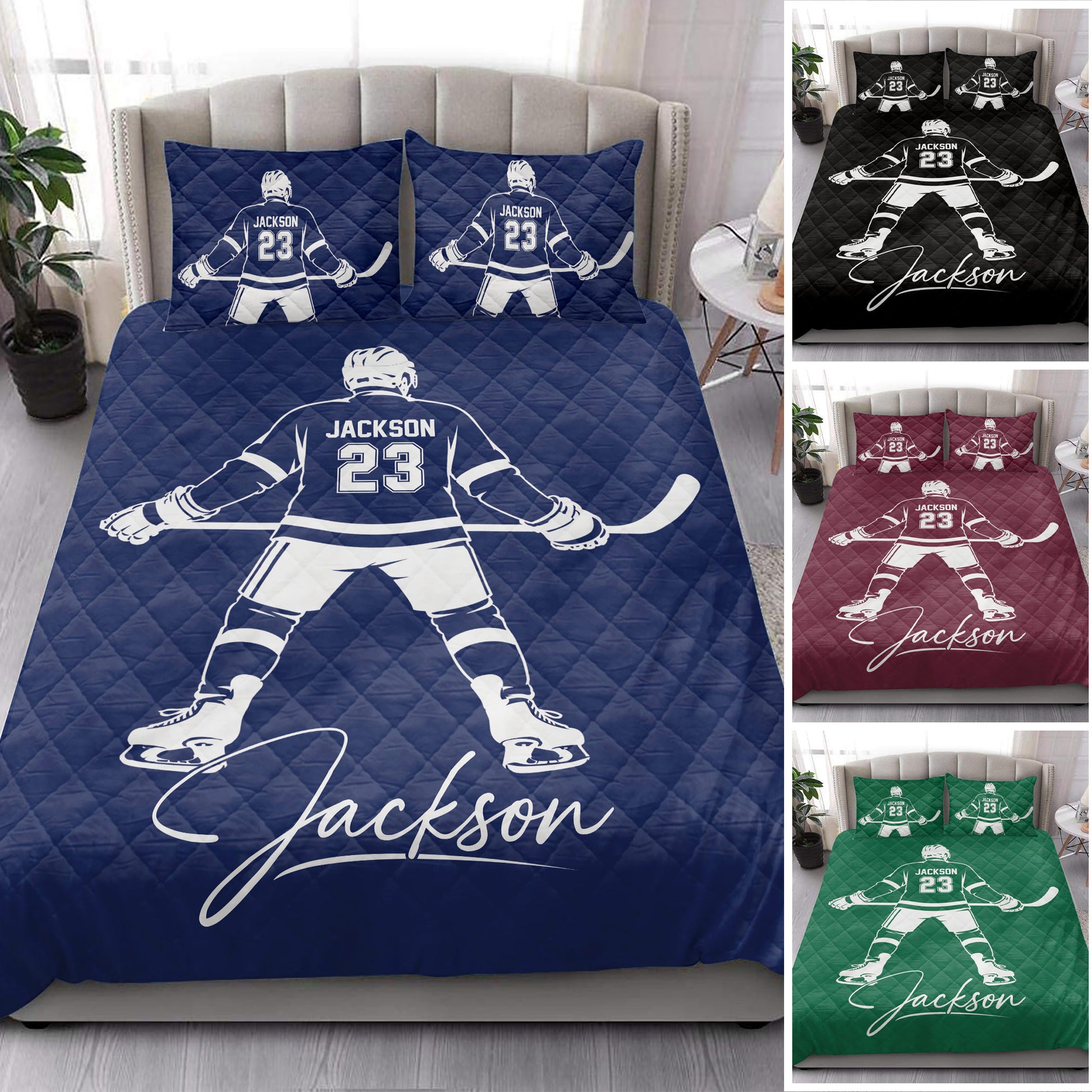 Hockey quilt bedding styled in a bedroom with blue, black, burgundy, and green color examples