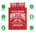 Red wrestling quilt bedding set shown flat with wrestling artwork and product feature icons