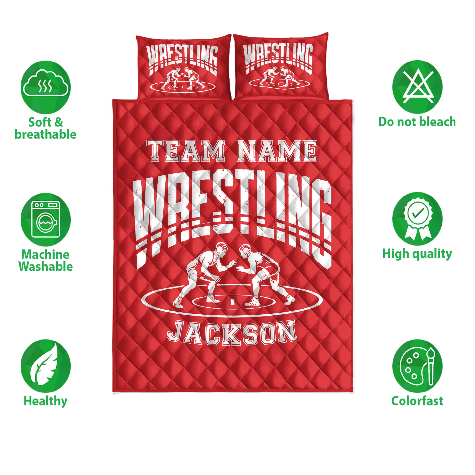 Red wrestling quilt bedding set shown flat with wrestling artwork and product feature icons