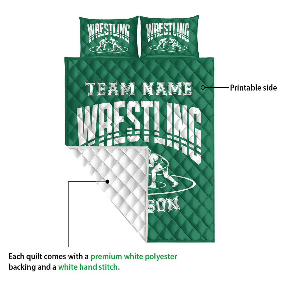 Green wrestling quilt showing the printed side, white quilt backing, and wrestling mat artwork