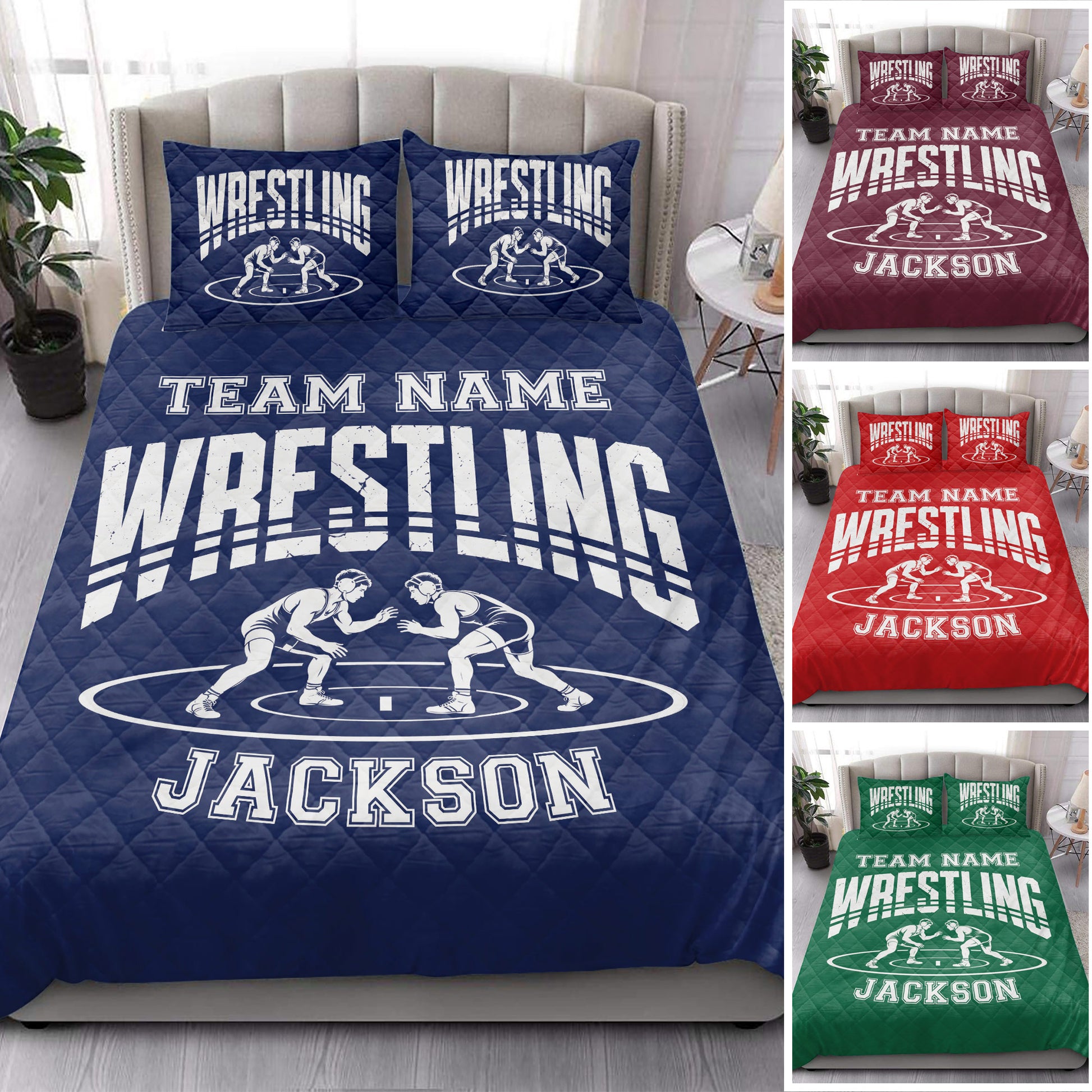 Navy wrestling quilt bedding set styled in a bright bedroom with coordinated color examples