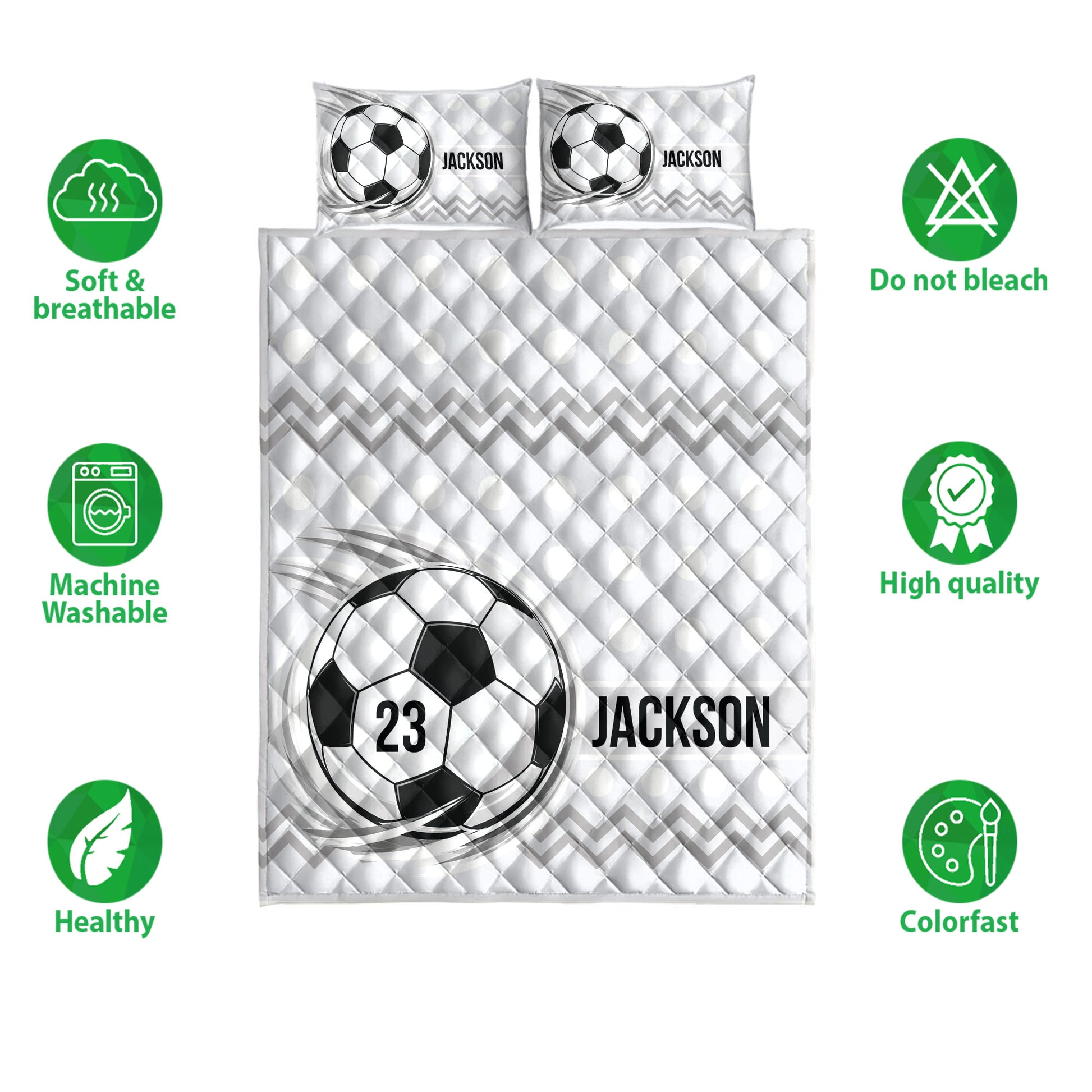 Soccer quilt bedding set shown front-facing with black and white ball graphics and quilted texture