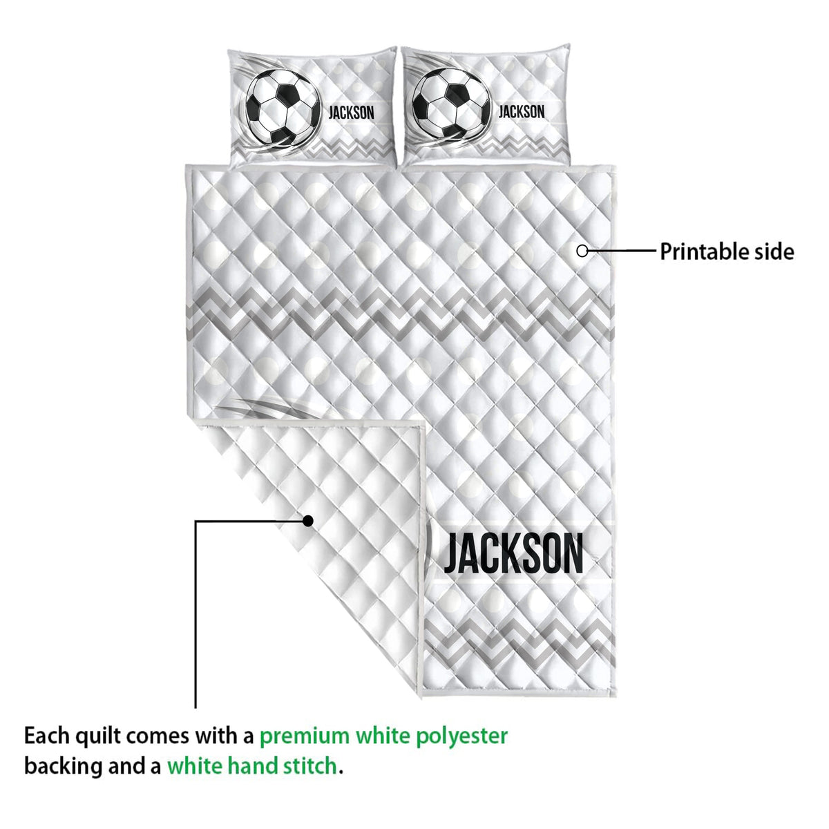 Soccer quilt blanket detail showing the printed side, quilted stitching, and bold geometric border