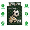 Soccer quilt bedding set with goalkeeper artwork, green grass pattern, and bold sports graphics