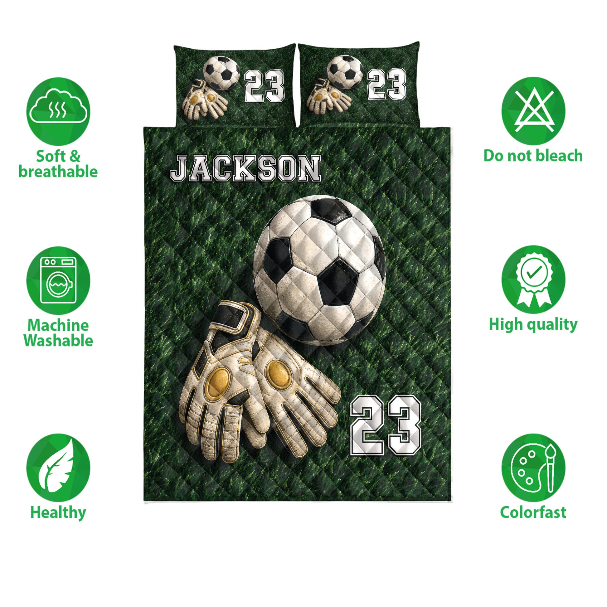 Soccer quilt bedding set with goalkeeper artwork, green grass pattern, and bold sports graphics