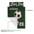 Soccer quilt showing a printed field design, goalkeeper gloves, soccer ball, and quilted backing detail