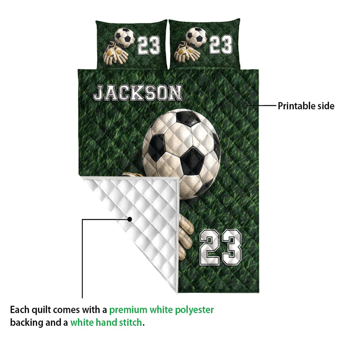 Soccer quilt showing a printed field design, goalkeeper gloves, soccer ball, and quilted backing detail
