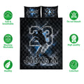 Baseball quilt bedding set with batter artwork, black and blue colors, and product feature icons
