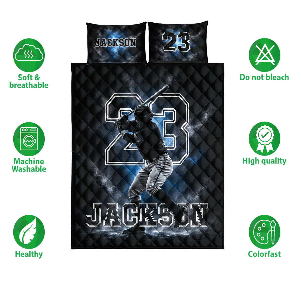 Baseball quilt bedding set with batter artwork, black and blue colors, and product feature icons