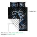 Baseball quilt showing the printed front, white quilted backing, and layered construction detail