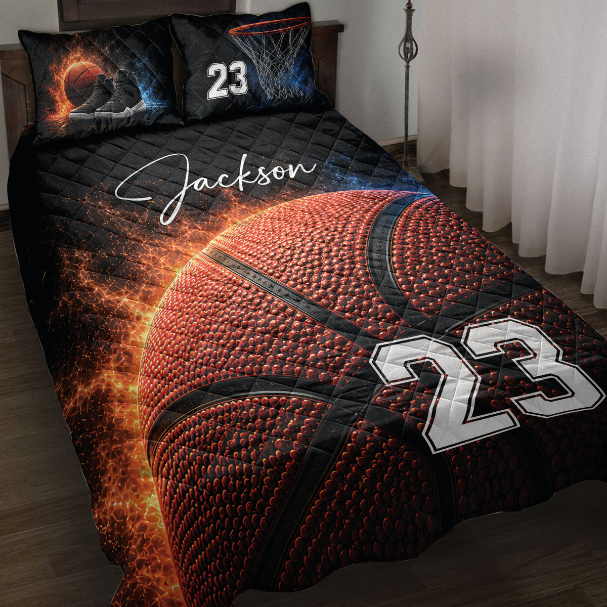 Basketball quilt blanket on a bedroom bed with fiery basketball artwork, hoop graphics, and bold sports styling
