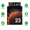 Basketball quilt bedding set feature presentation with bold court artwork and care and quality icons