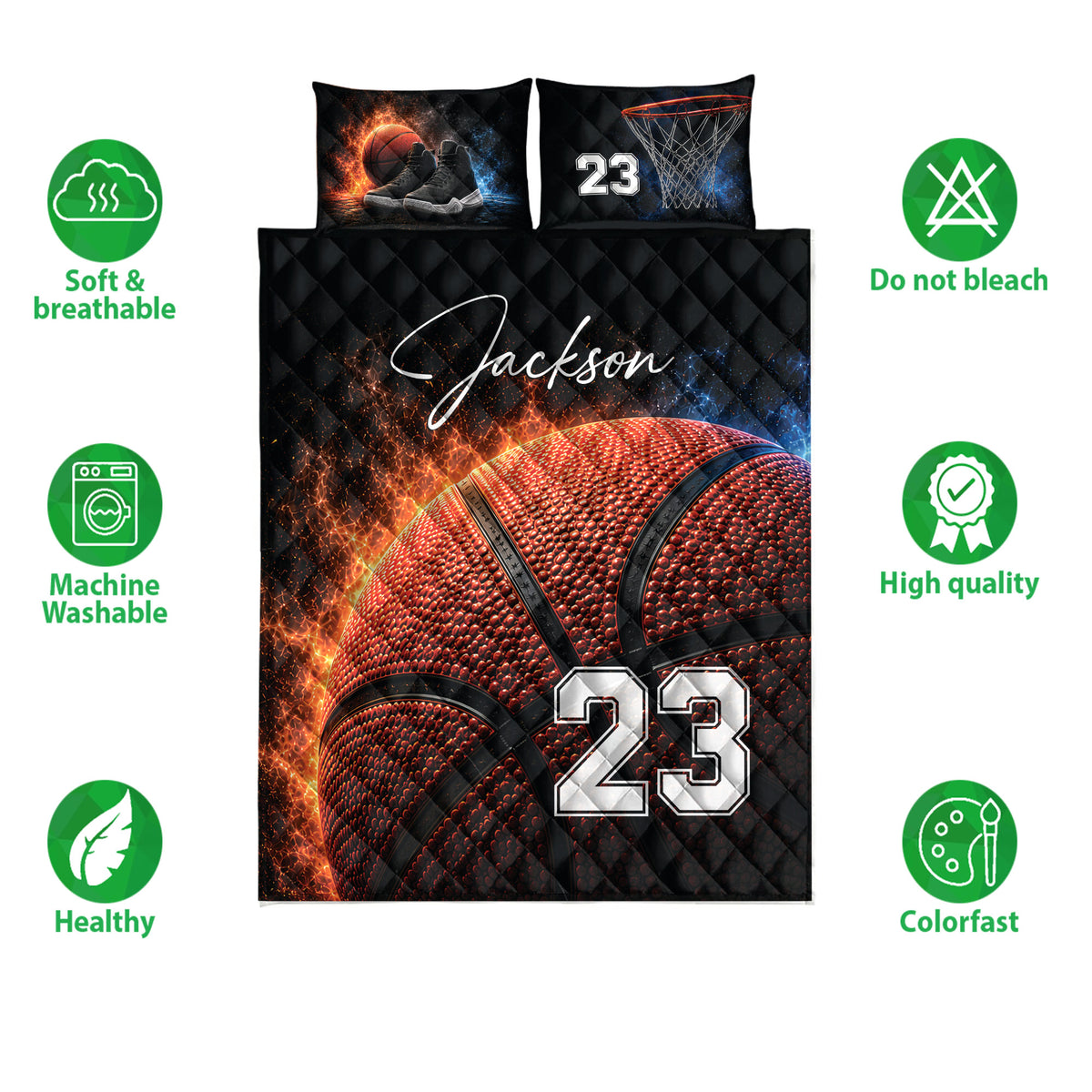 Basketball quilt bedding set feature presentation with bold court artwork and care and quality icons