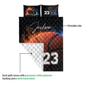Basketball quilt blanket showing the printed front and white quilted backing detail