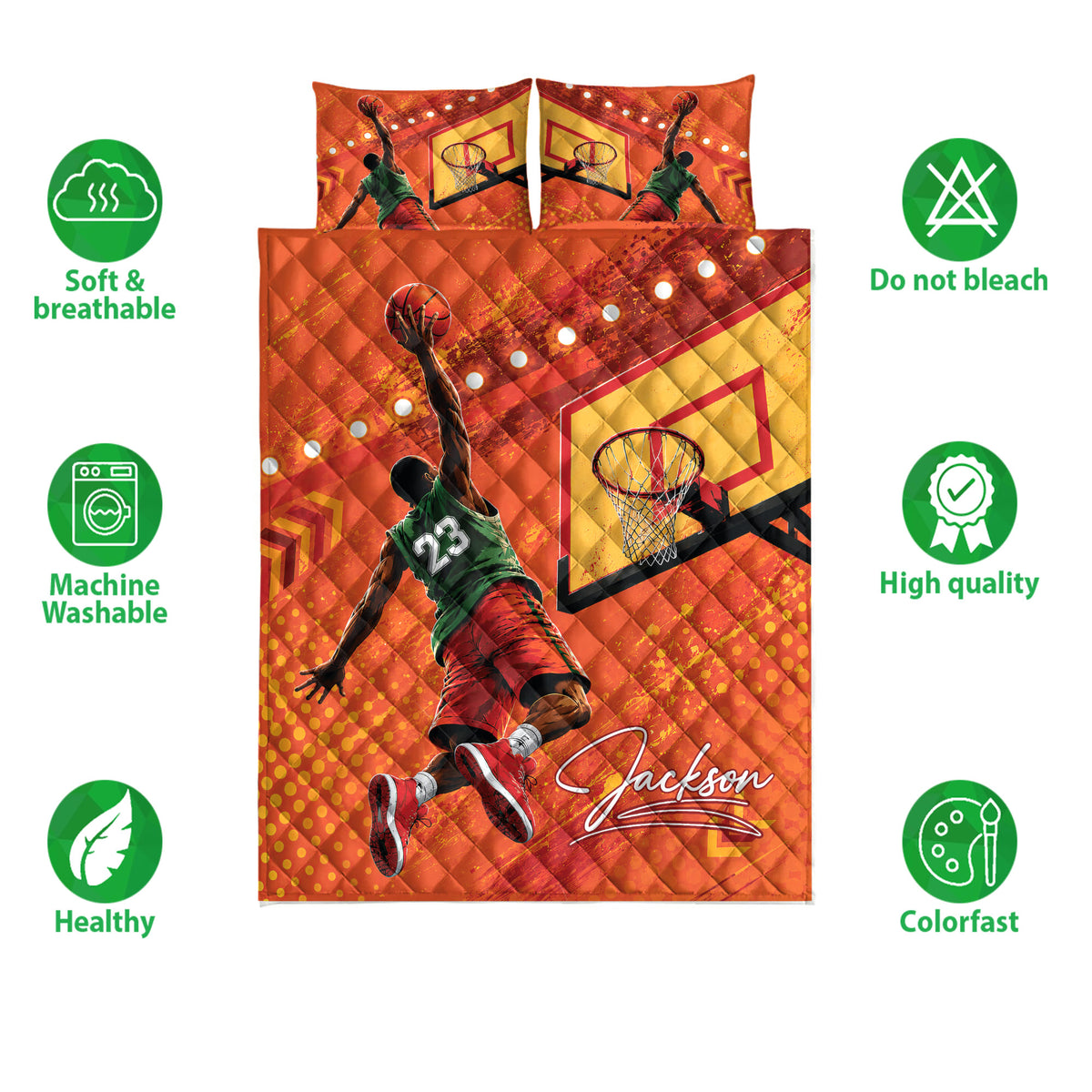 Basketball quilt bedding set shown with care icons and vibrant player and hoop artwork