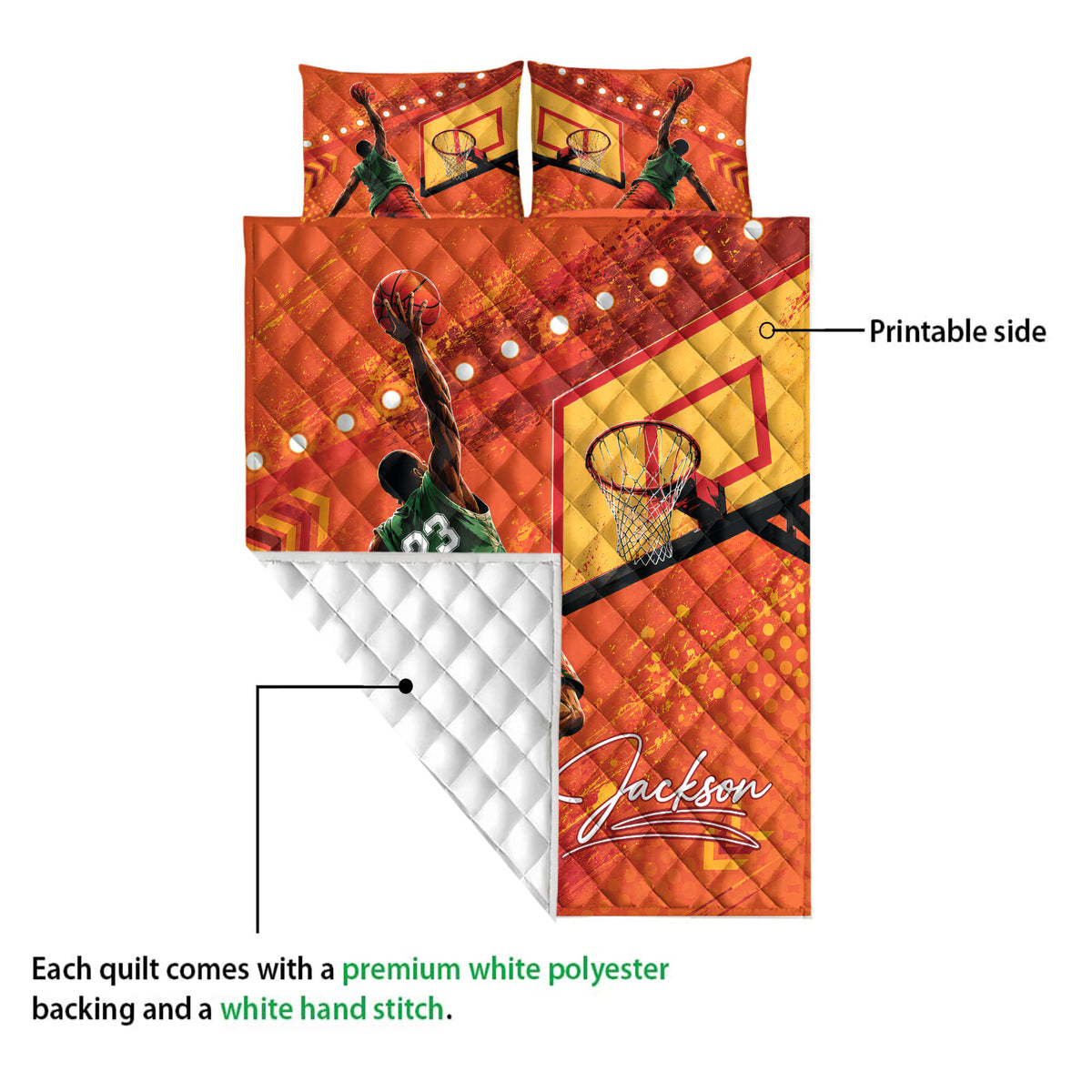 Basketball quilt showing its printed front and white diamond-stitched backing