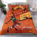 Basketball quilt bedding set styled in a bright bedroom with dynamic player artwork