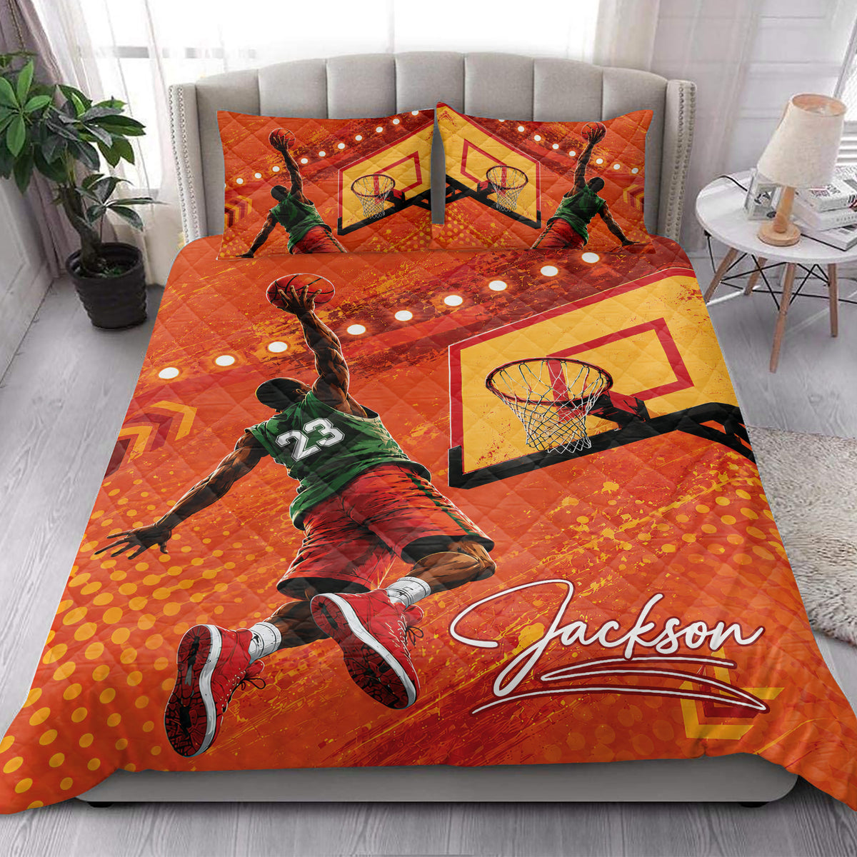 Basketball quilt bedding set styled in a bright bedroom with dynamic player artwork