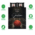 Basketball quilt bedding set shown front-facing with black court artwork, hoop, orange ball, and feature icons