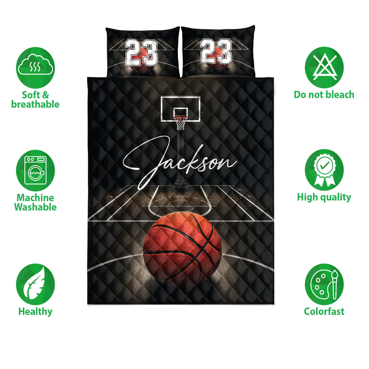 Basketball quilt bedding set shown front-facing with black court artwork, hoop, orange ball, and feature icons