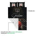 Basketball quilt blanket showing the printed court design and white quilted reverse side