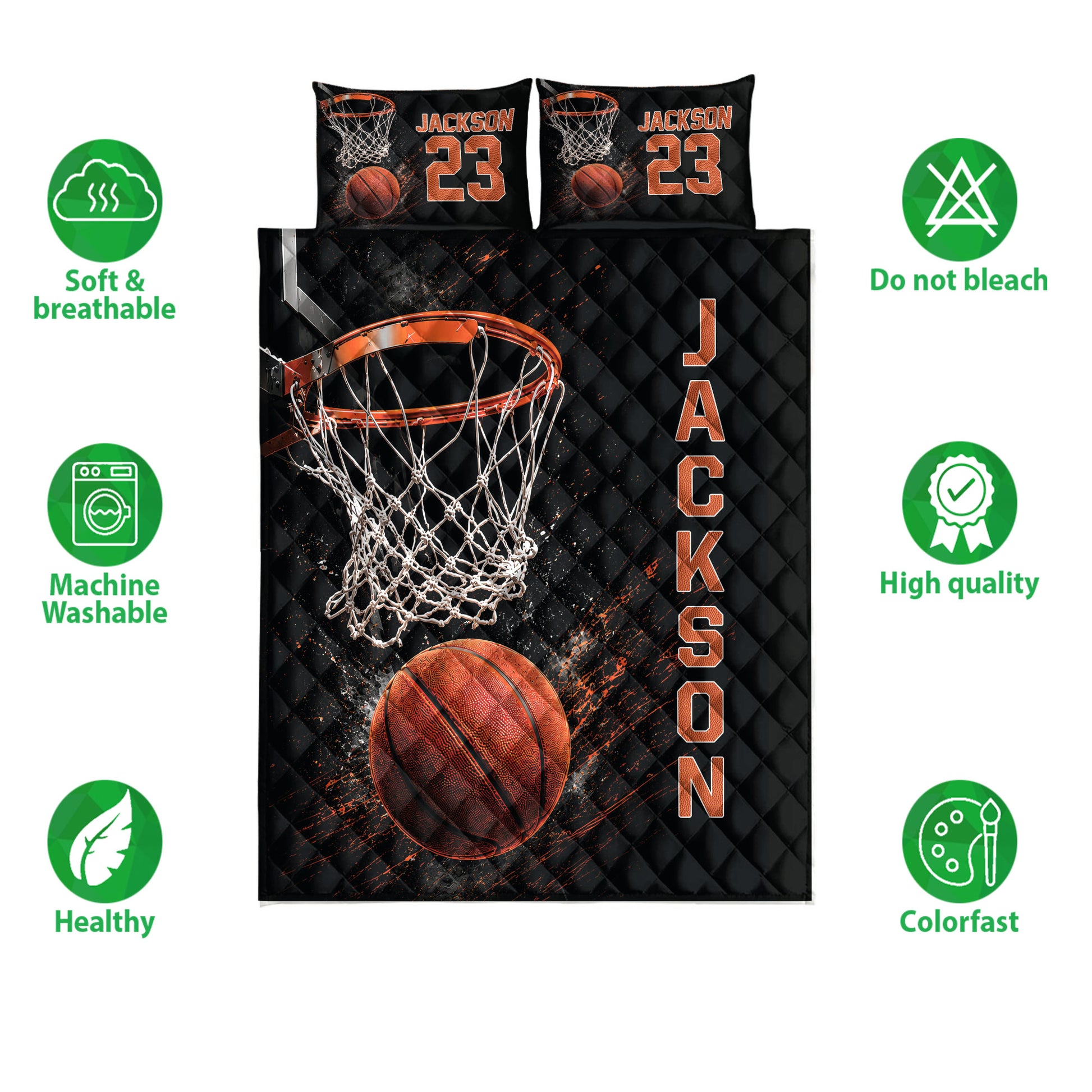 Basketball quilt bedding set shown with bold black and orange hoop and basketball artwork