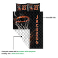 Basketball quilt showing the printed front and white quilted backing in a construction detail view