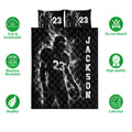 Football quilt bedding set shown flat with player artwork, bold sports graphics, and feature icons