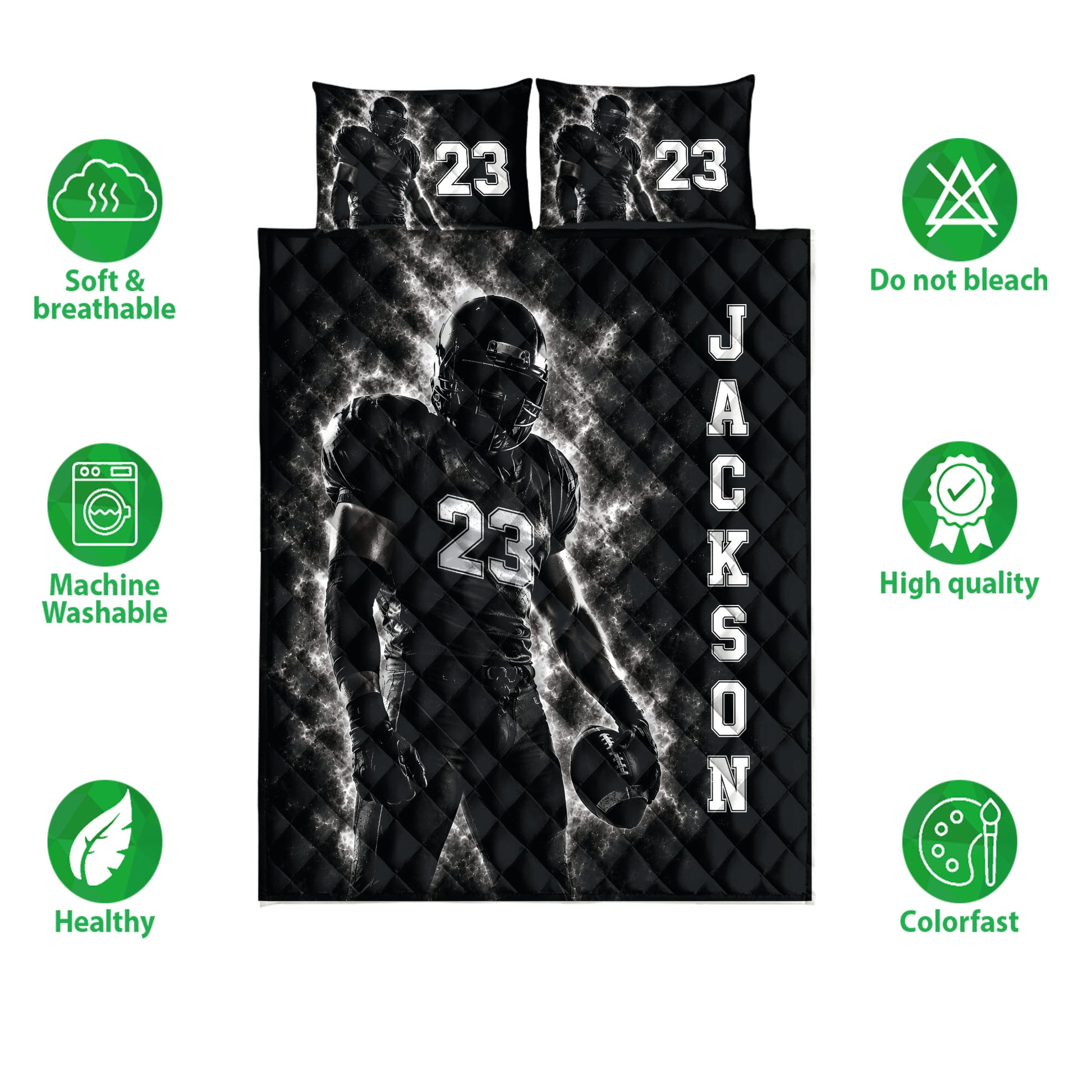 Football quilt bedding set shown flat with player artwork, bold sports graphics, and feature icons