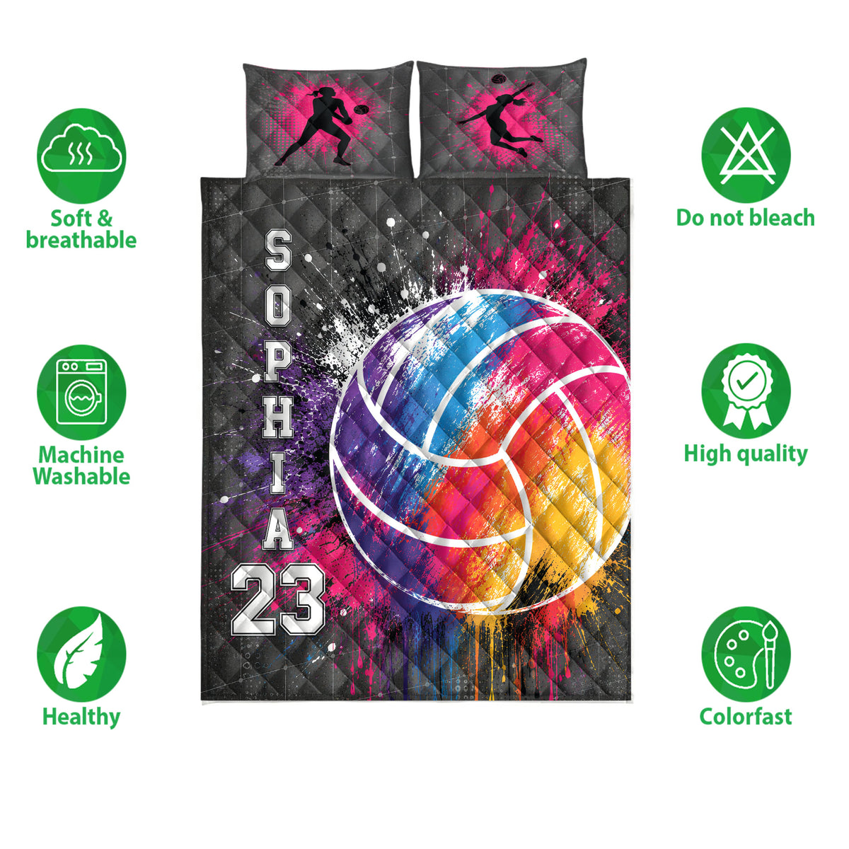 Volleyball quilt bedding set displayed flat with vibrant multicolor ball artwork and player silhouettes