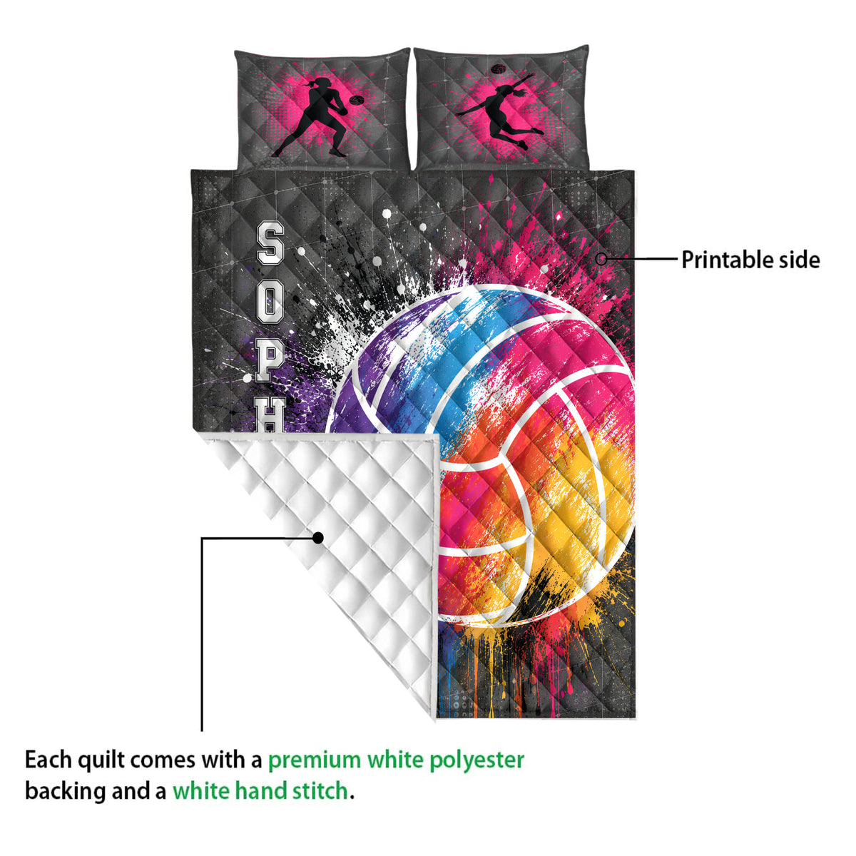 Volleyball quilt blanket detail showing printed front, quilted backing, and colorful sports artwork