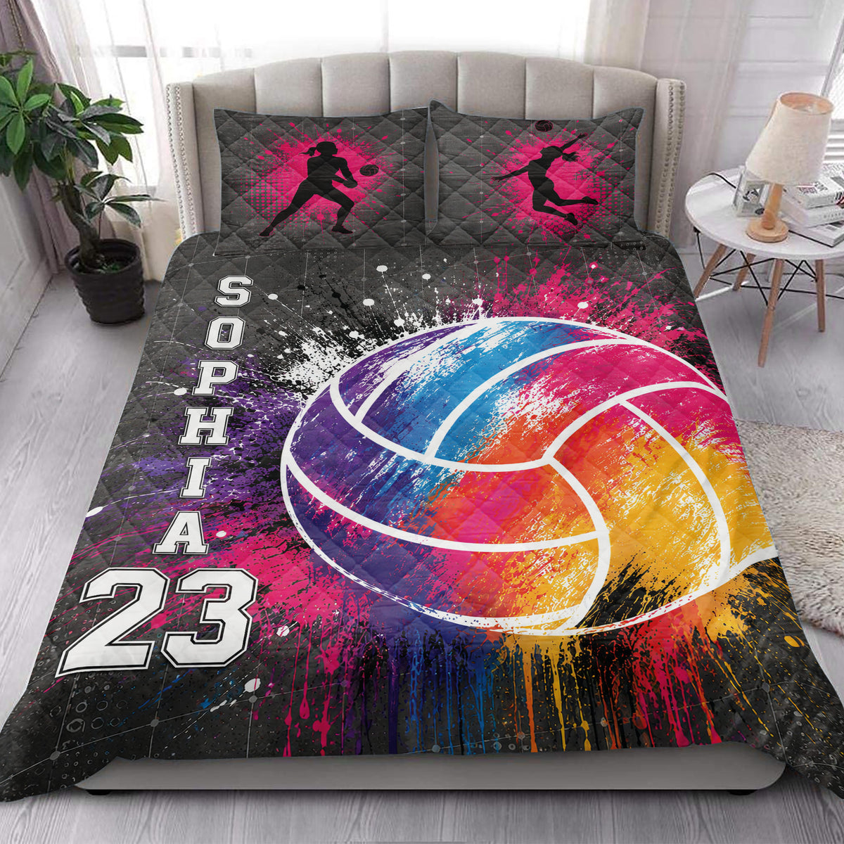 Volleyball quilt blanket styled in a bright bedroom with colorful ball and player artwork