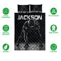 Football quilt bedding set displayed with sports artwork and care feature icons