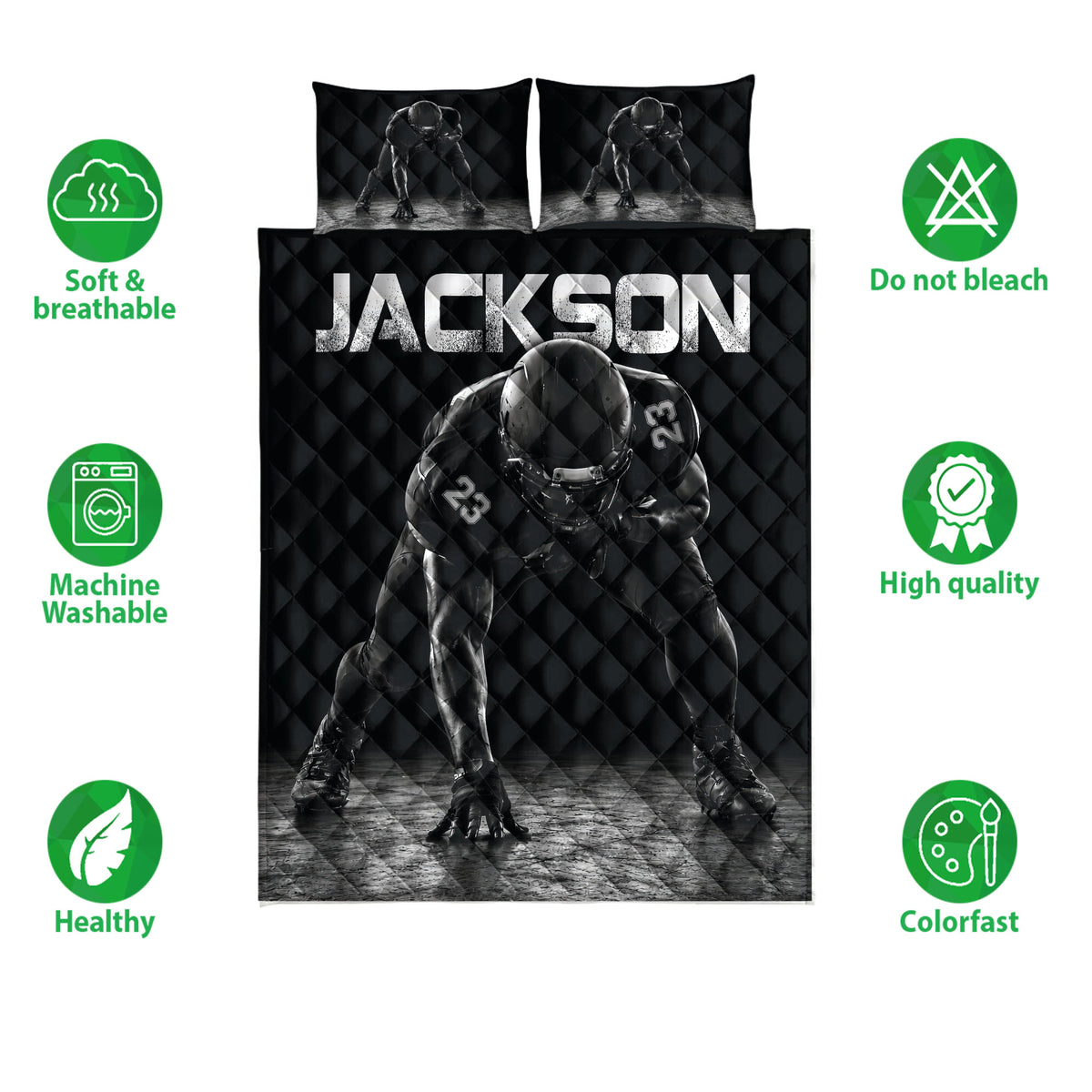 Football quilt bedding set displayed with sports artwork and care feature icons