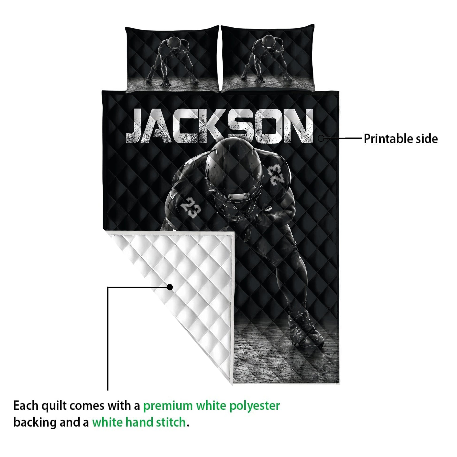 Football quilt showing a printed black front and white quilted reverse