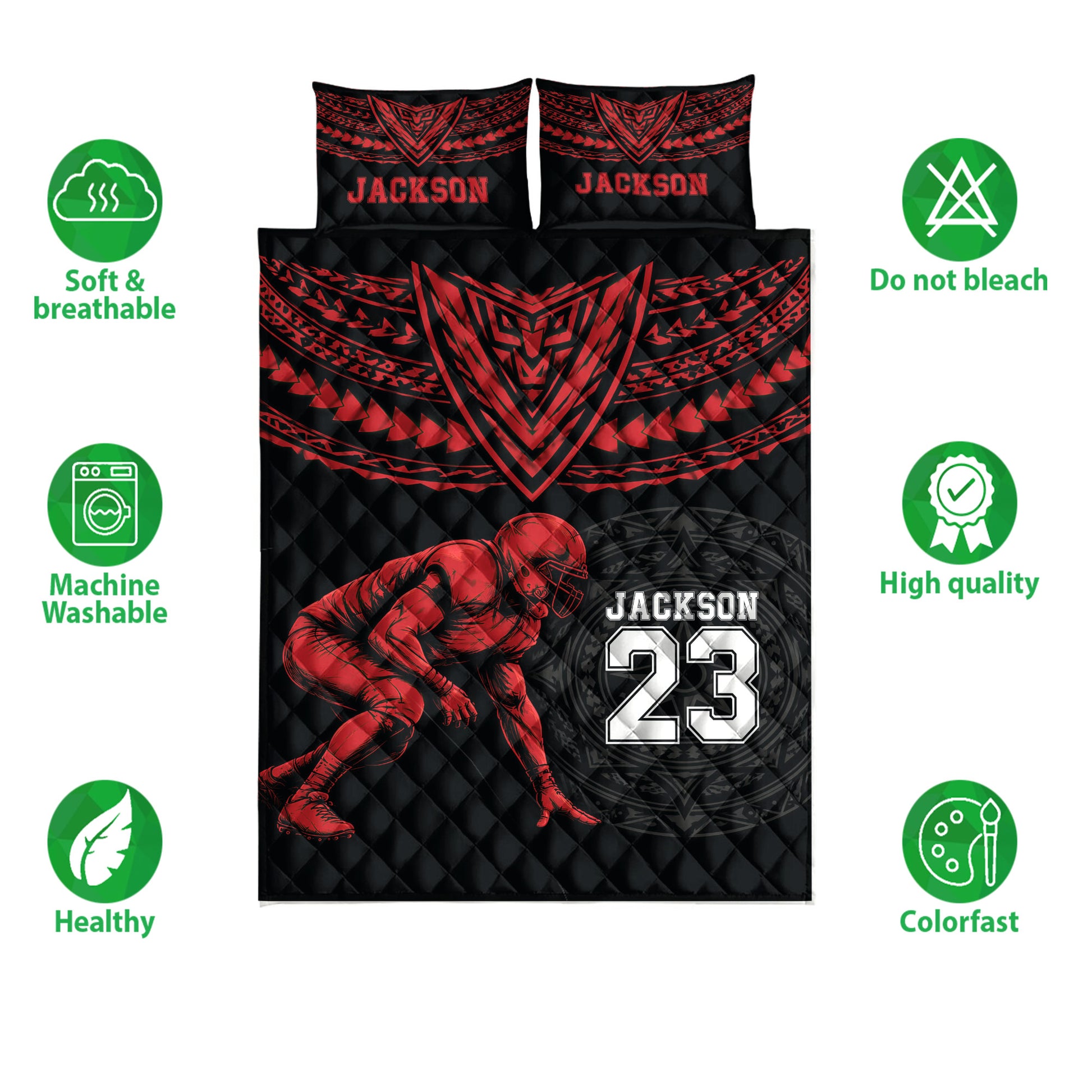 Black and red football quilt bedding set shown with a helmeted player, geometric graphics, and care icons