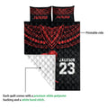 Football quilt showing the printed side and quilted white backing in a product construction detail view