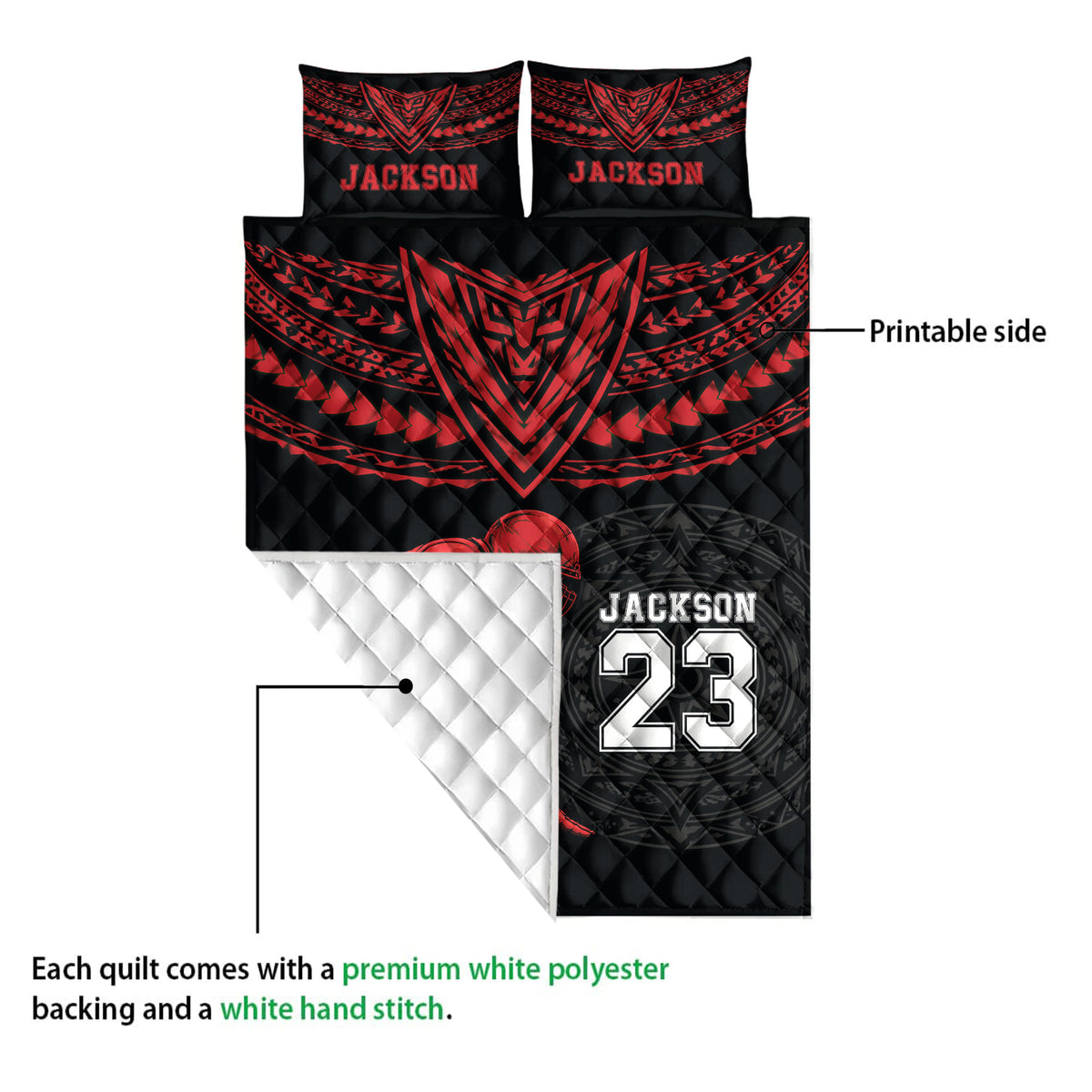Football quilt showing the printed side and quilted white backing in a product construction detail view