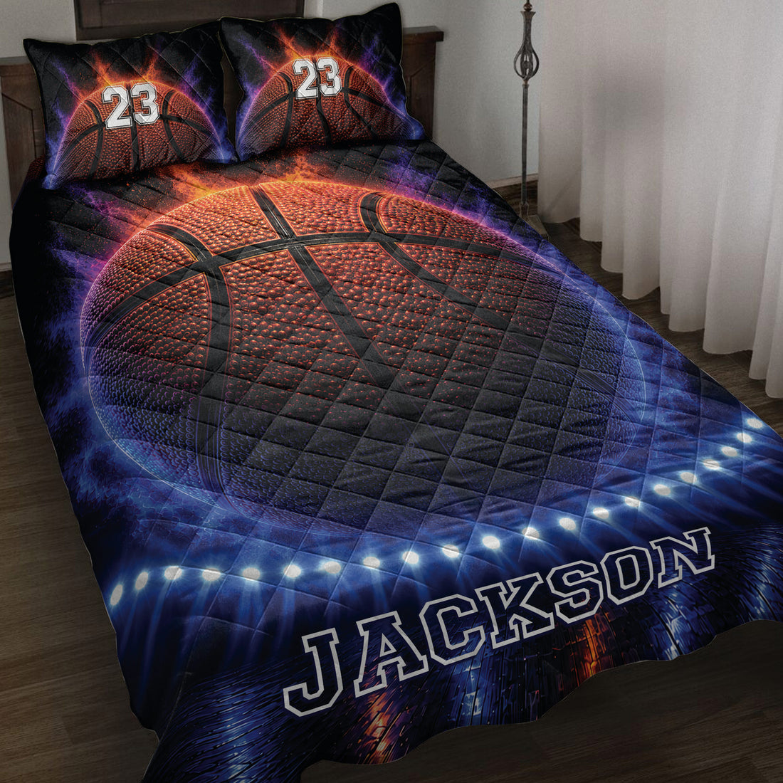 Basketball quilt blanket displayed on a bed with dramatic orange and blue sports artwork
