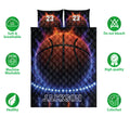 Basketball quilt bedding set presentation with bold sports artwork and care feature icons