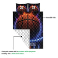 Basketball quilt showing the vivid printed side and white quilted backing detail