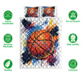Basketball quilt bedding set displayed with colorful sports artwork and care feature icons