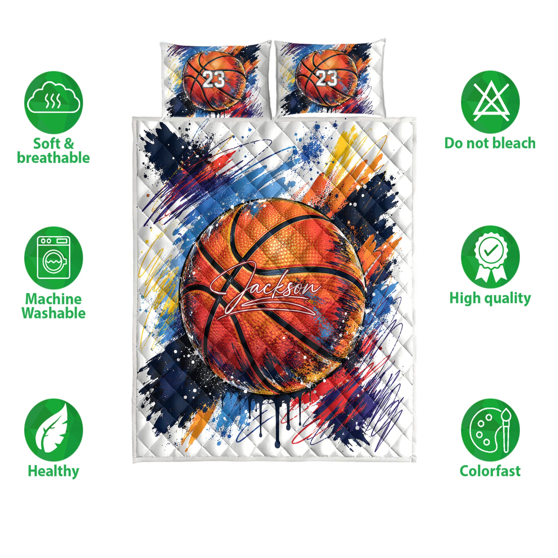 Basketball quilt bedding set displayed with colorful sports artwork and care feature icons