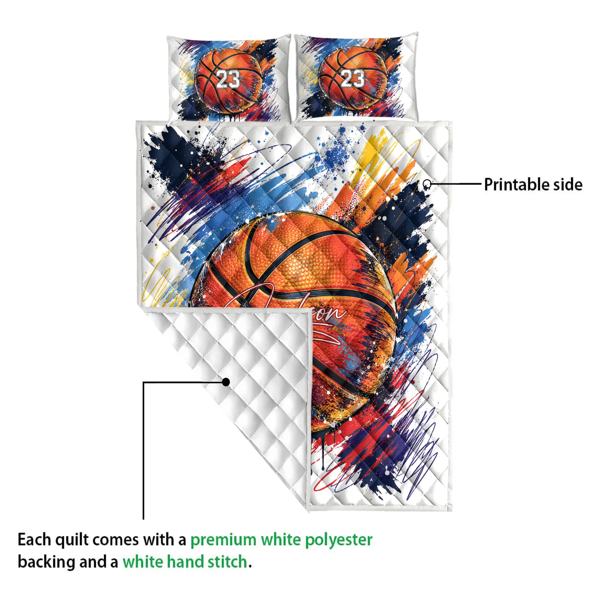 Basketball quilt showing the printed front and white diamond-stitched backing detail