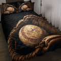 Baseball quilt blanket styled on a bed with vintage baseballs, gloves, and a black quilted background