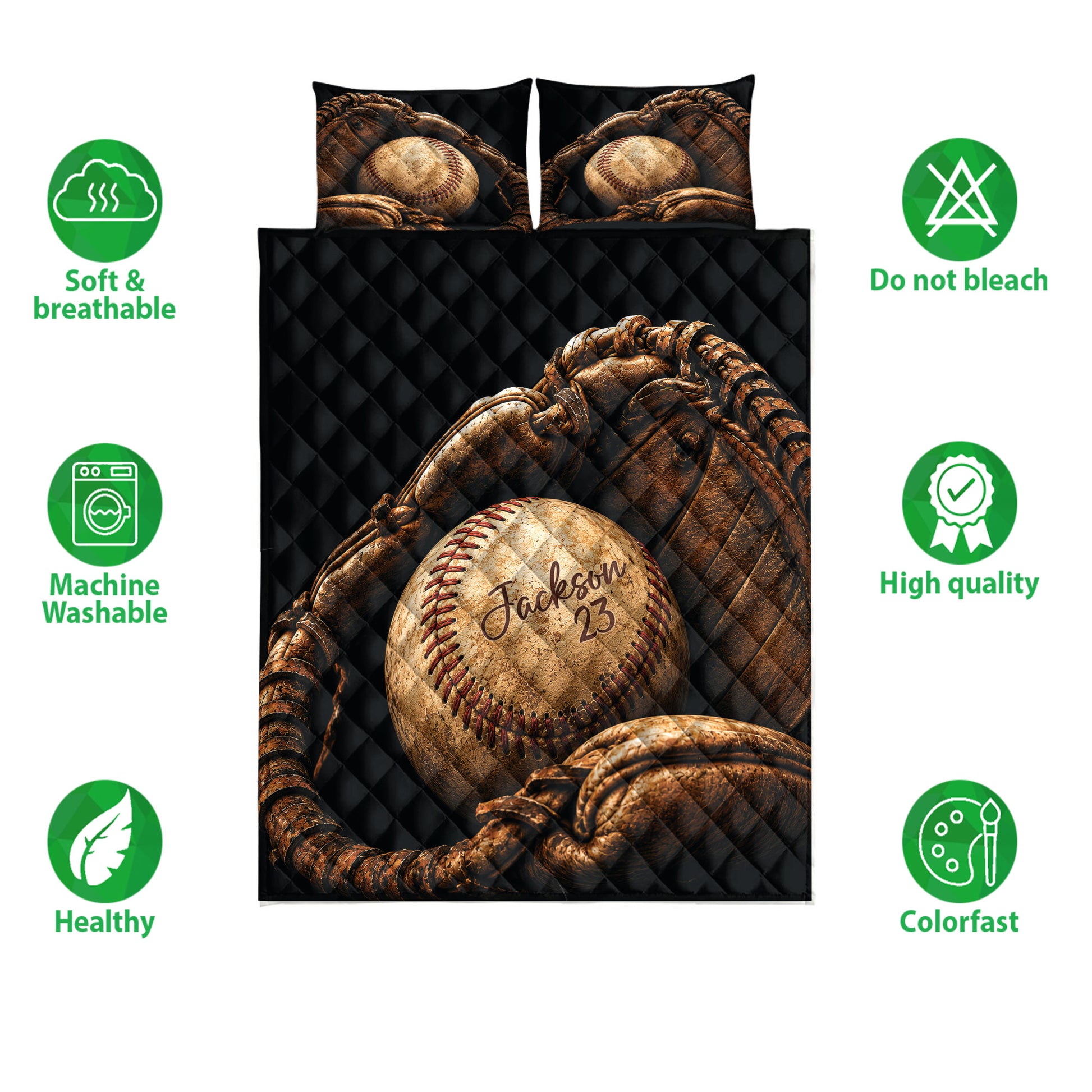 Baseball quilt bedding set displayed with matching baseball artwork and feature icons around the design