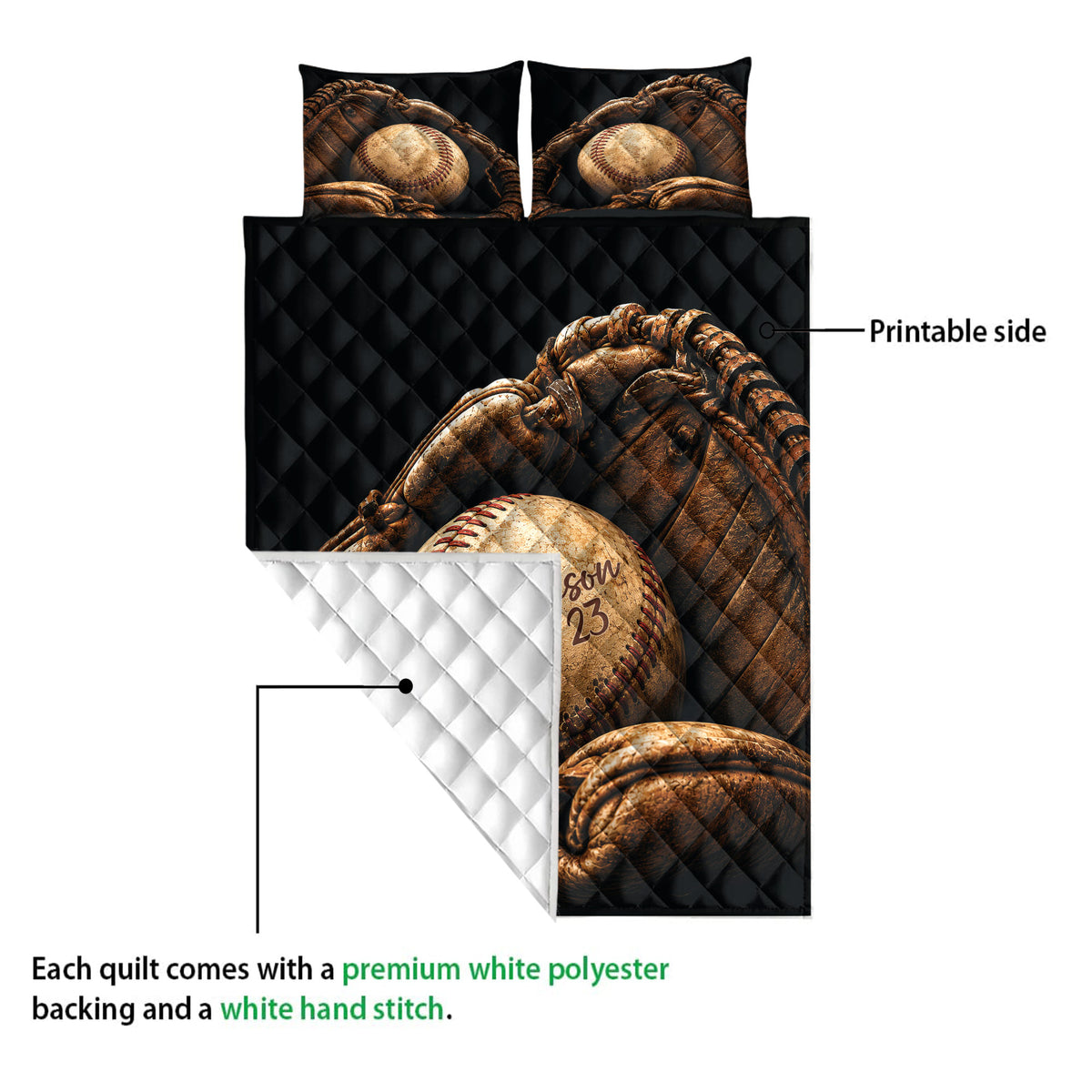 Baseball quilt bedding set showing the printed front and contrasting quilted backing