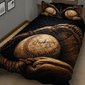 Close-up baseball quilt blanket featuring vintage baseballs, gloves, and dramatic black and bronze artwork