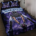 Purple football quilt bedding set displayed on a bed with player artwork, stadium lights, and bold sports graphics